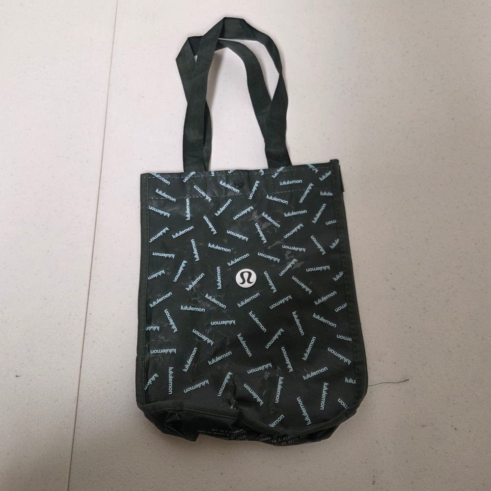 Lululemon Small Reusable Tote Bag Black Allover Logo Print Snap Closure Eco Bag